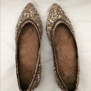 Flat leather sequins loafer with rabbit fur lining